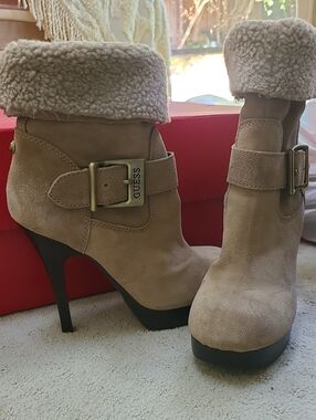 GUESS Tan Genuine Suede Shearling-Cuff High Heel Ankle Boots Modified 7.5